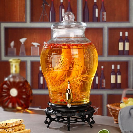 Glass Beverage Dispenser with Faucet – 5L Drink Dispenser with PVC Stand and Glass Lid for Juice, Water, Cocktails & Parties