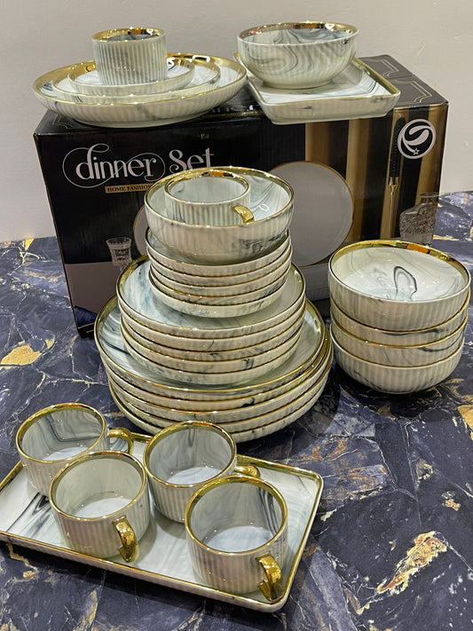 32pcs Marble Gold Dinner Set – Luxury Plates, Bowls, Cups & Platters