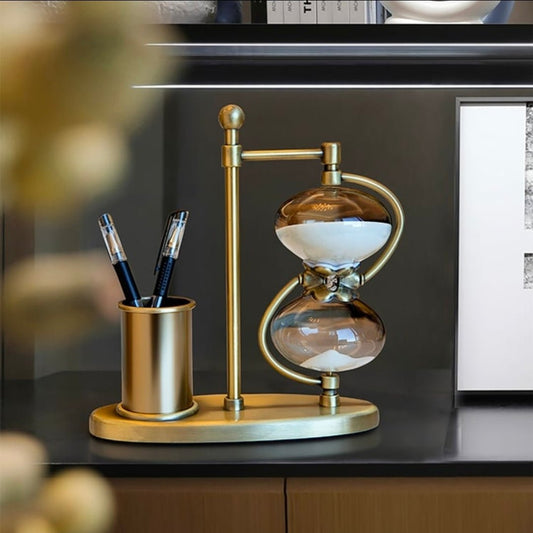 Rotating Hourglass with Brass Pen Holder – 30 - Minute 360° Sand Timer Desk Organizer | - Elegant Households KE