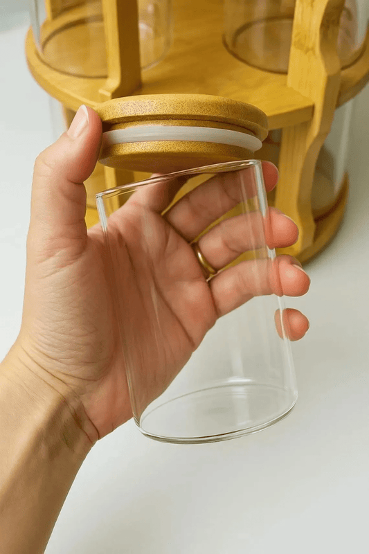 Rotating Wooden Spice Rack with 10 Glass Jars. | - Elegant Households KE