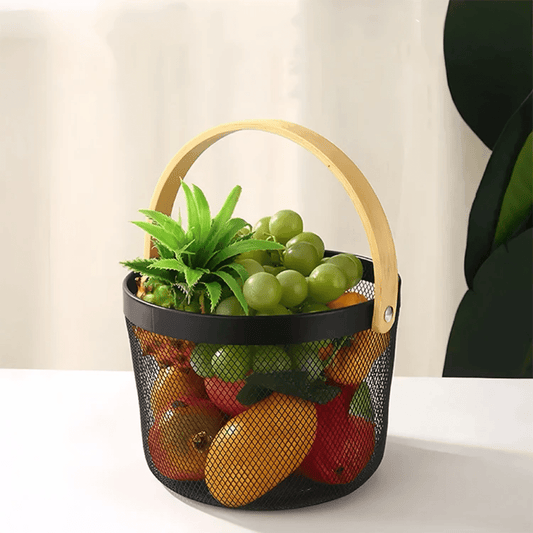 Round Pantry Mesh Wire Fruit Basket with Wooden Handle – High - Quality Kitchen Organizer (Black & Cream White) | - Elegant Households KE