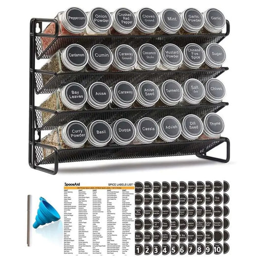 Seasoning spice jars with lid and a metallic rack | - Elegant Households KE