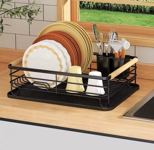 Single Layer Carbon Dishrack with Bamboo Handle | - Elegant Households KE