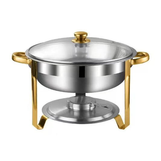 Stainless Steel Round Chafing Dish 5L with Golden Accents – Buffet Server & Food Warmer for Home, Restaurants & Catering Events | - Elegant Households KE