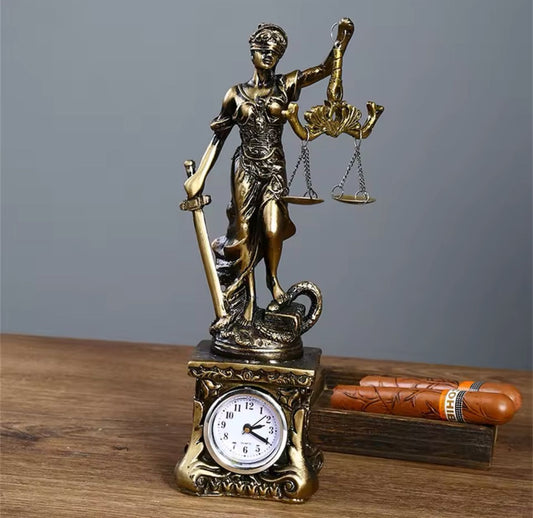 Themis Greek Goddess Statue with Justice Scales & Clock | - Elegant Households KE