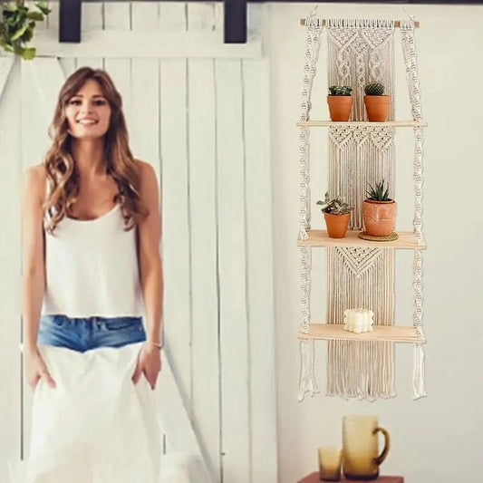 Woven Tapestry 3 Tier Bohemian Wall Hanging Floating Shelves | - Elegant Households KE