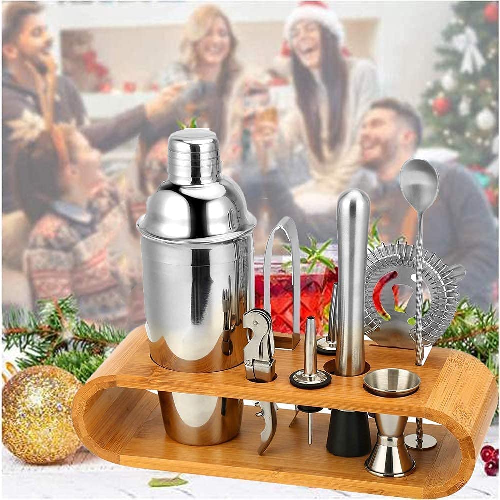 10 - Piece Cocktail Shaker Set with Stylish Bamboo Stand | - Elegant Households KE