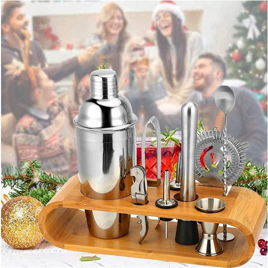 10 - Piece Cocktail Shaker Set with Stylish Bamboo Stand | - Elegant Households KE