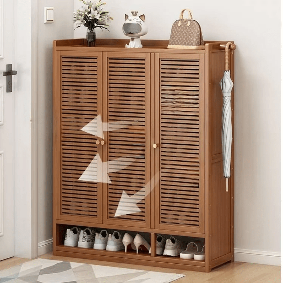 10 - Tier Bamboo Shoe Cabinet with 3 Slatted Doors | - Elegant Households KE