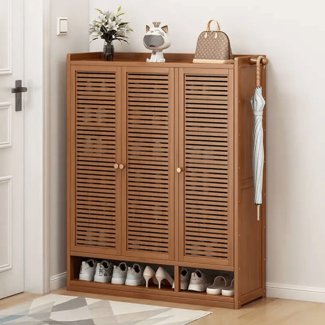10 - Tier Bamboo Shoe Cabinet with 3 Slatted Doors | - Elegant Households KE