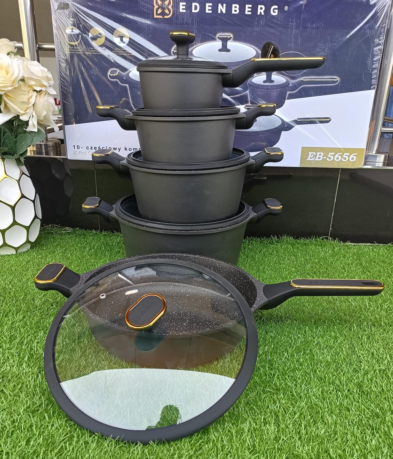 10pcs Edenburg Nonstick Cookware Set – Induction Bottom with Gold Handles | - Elegant Households KE
