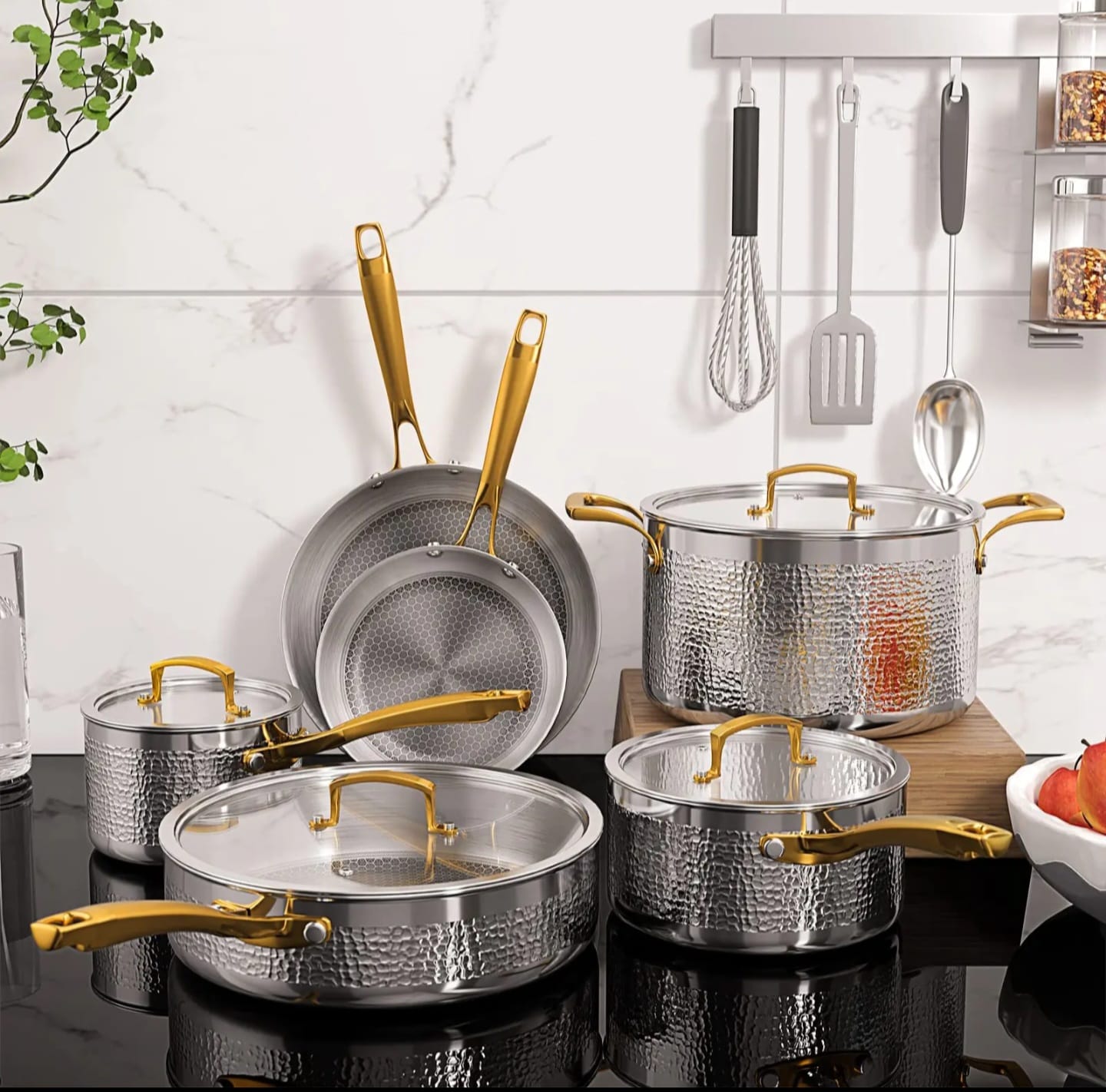 10pcs Tri - Ply Stainless Steel Cookware Set – Hammered Design | - Elegant Households KE