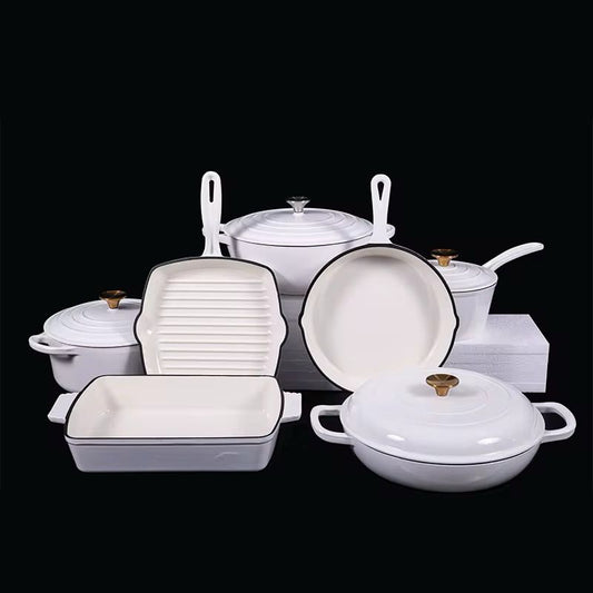 11 Pcs White Cast Iron Cookware Set | - Elegant Households KE