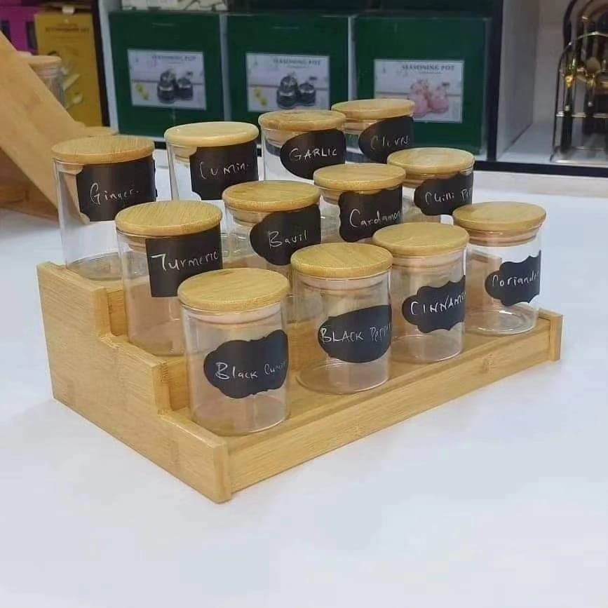 12pcs Glass Spice Jar set with a Wooden Bamboo Stand | - Elegant Households KE