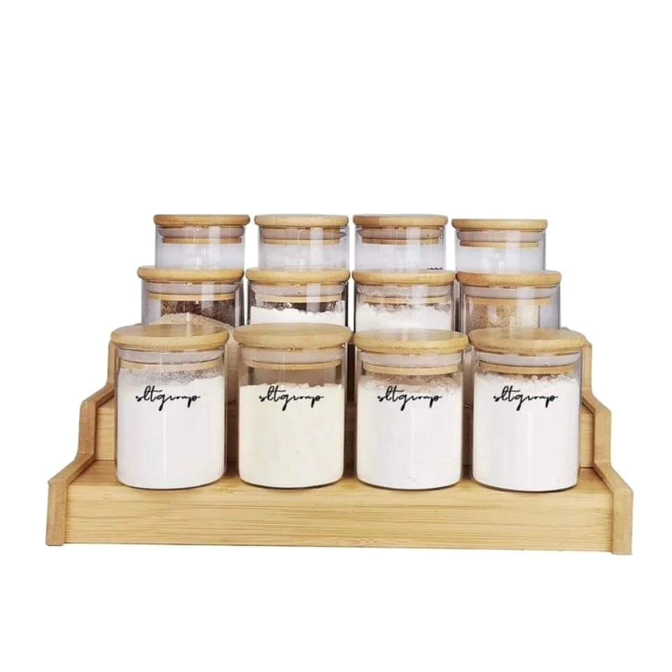 12pcs Glass Spice Jar set with a Wooden Bamboo Stand | - Elegant Households KE