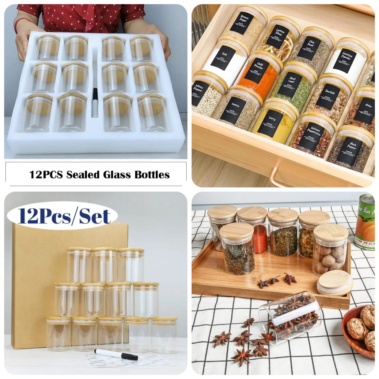 12pcs Round Glass spice jar set | - Elegant Households KE
