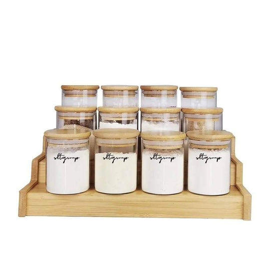 12pcs Round Spice Jars + Bamboo rack | - Elegant Households KE