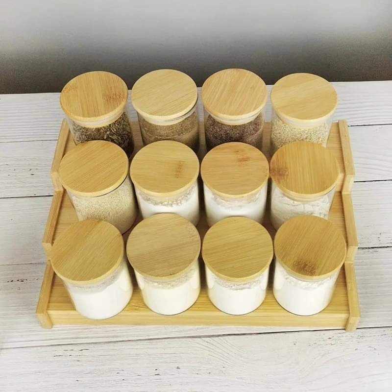 12pcs Round Spice Jars + Bamboo rack | - Elegant Households KE