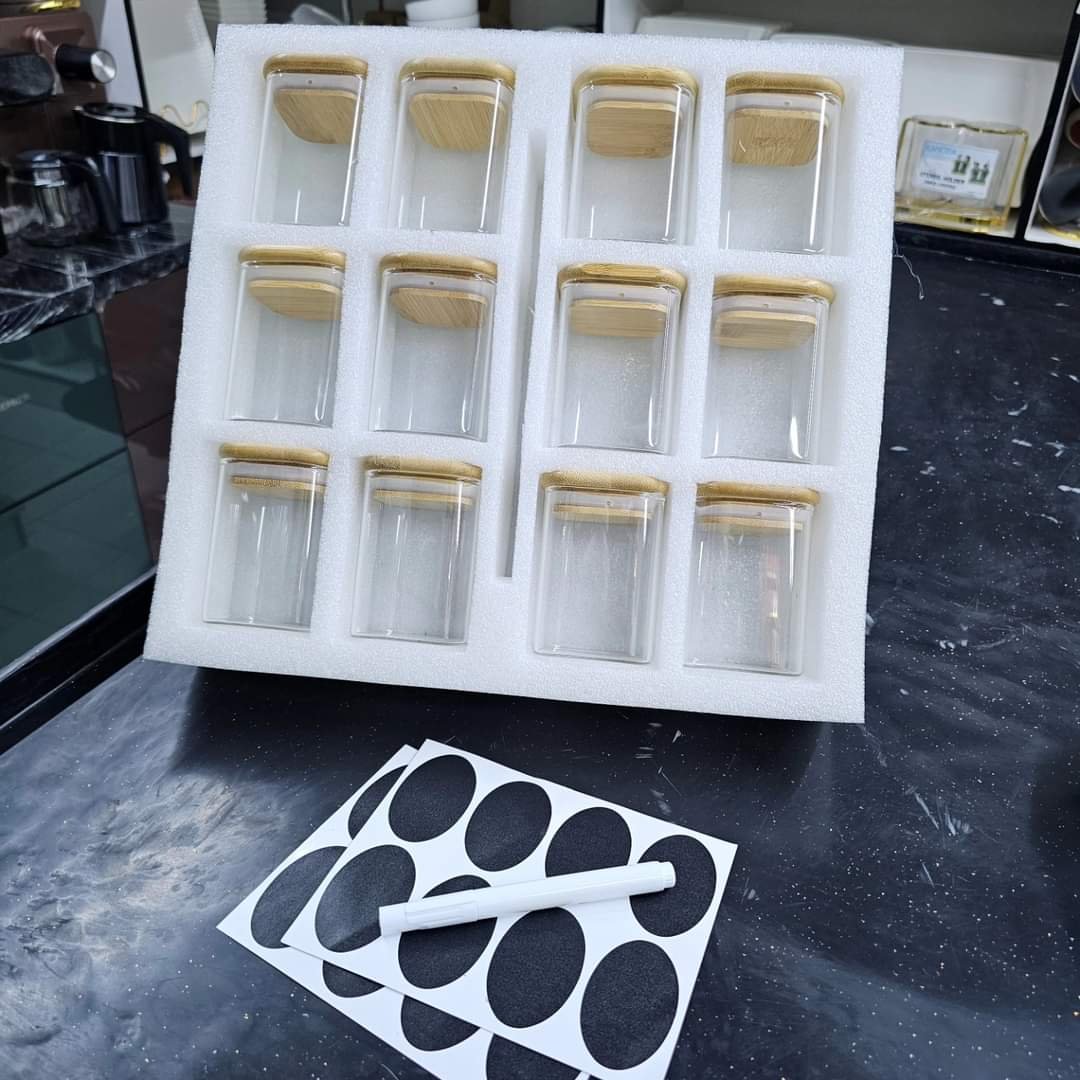 12pcs Square Glass spice jar set | - Elegant Households KE