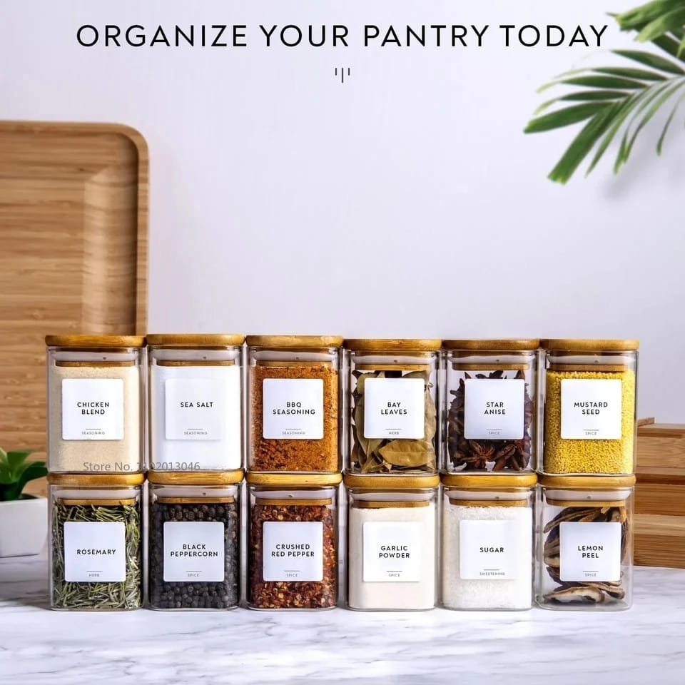 12pcs Square Glass spice jar set | - Elegant Households KE