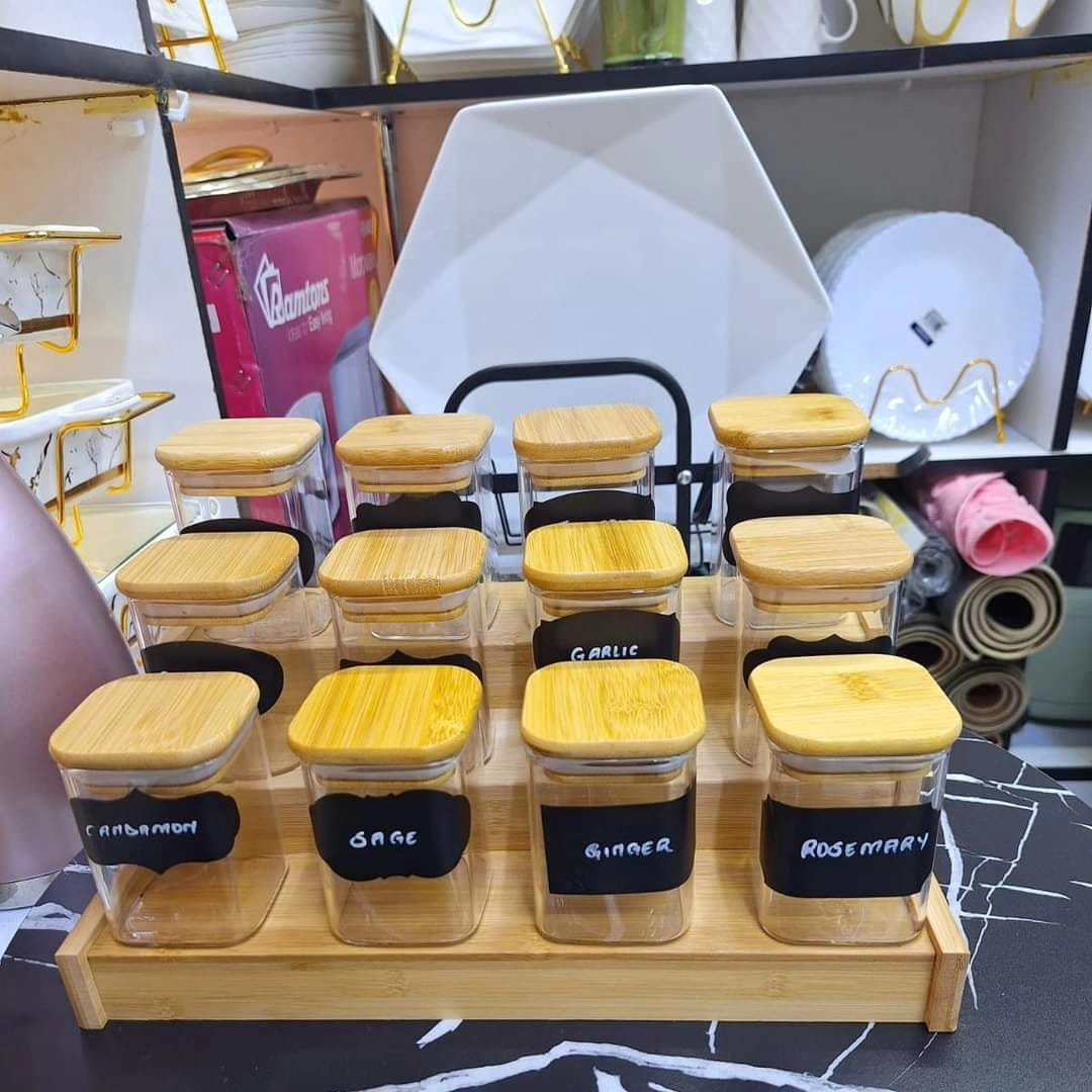 12pcs Square Glass Spice Jar set with a Wooden Bamboo Stand  | - Elegant Households KE