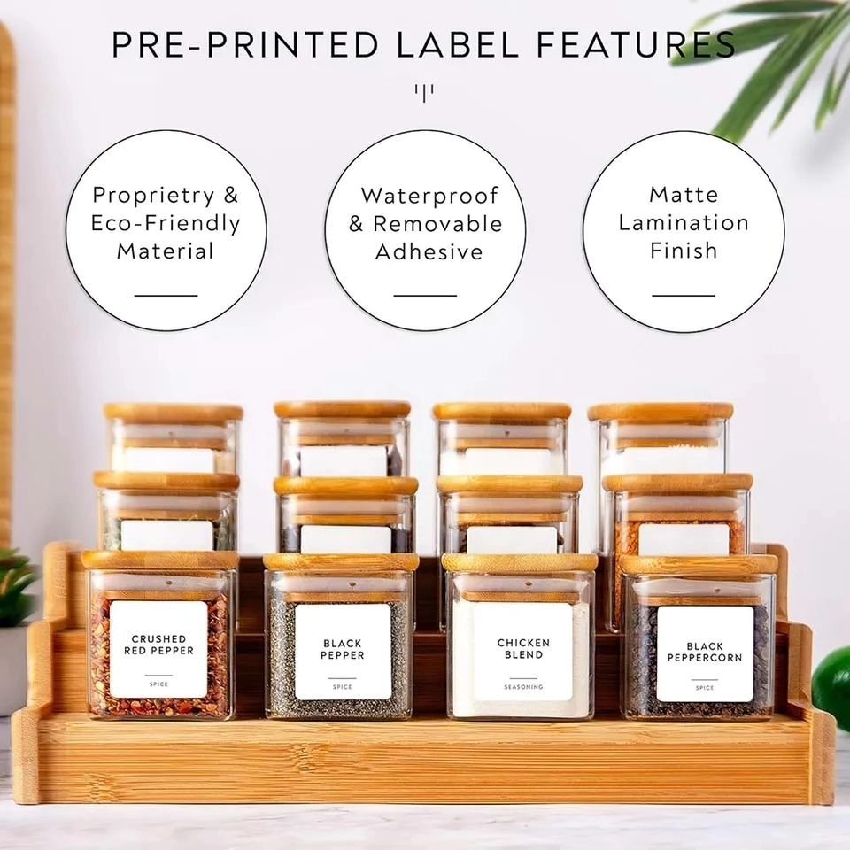 12pcs Square Glass Spice Jar set with a Wooden Bamboo Stand | - Elegant Households KE