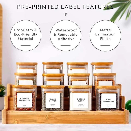 12pcs Square Glass Spice Jar set with a Wooden Bamboo Stand | - Elegant Households KE
