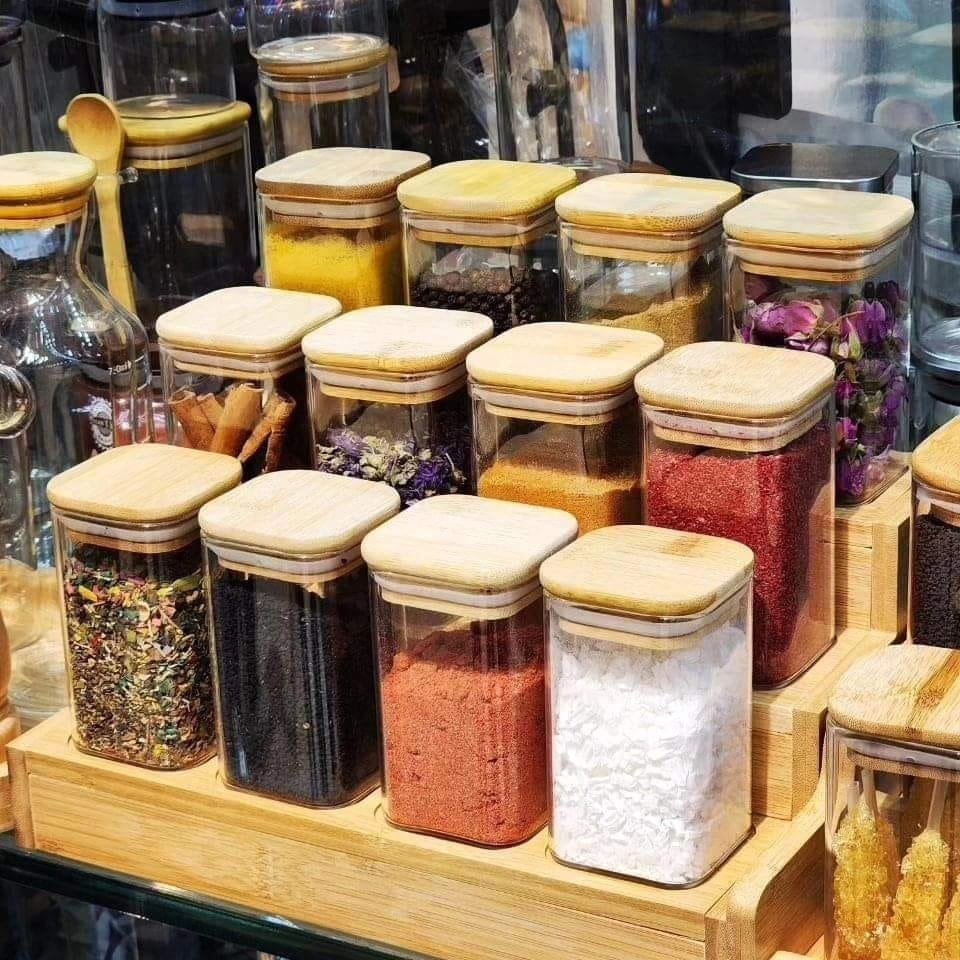 12pcs Square Glass Spice Jar set with a Wooden Bamboo Stand | - Elegant Households KE