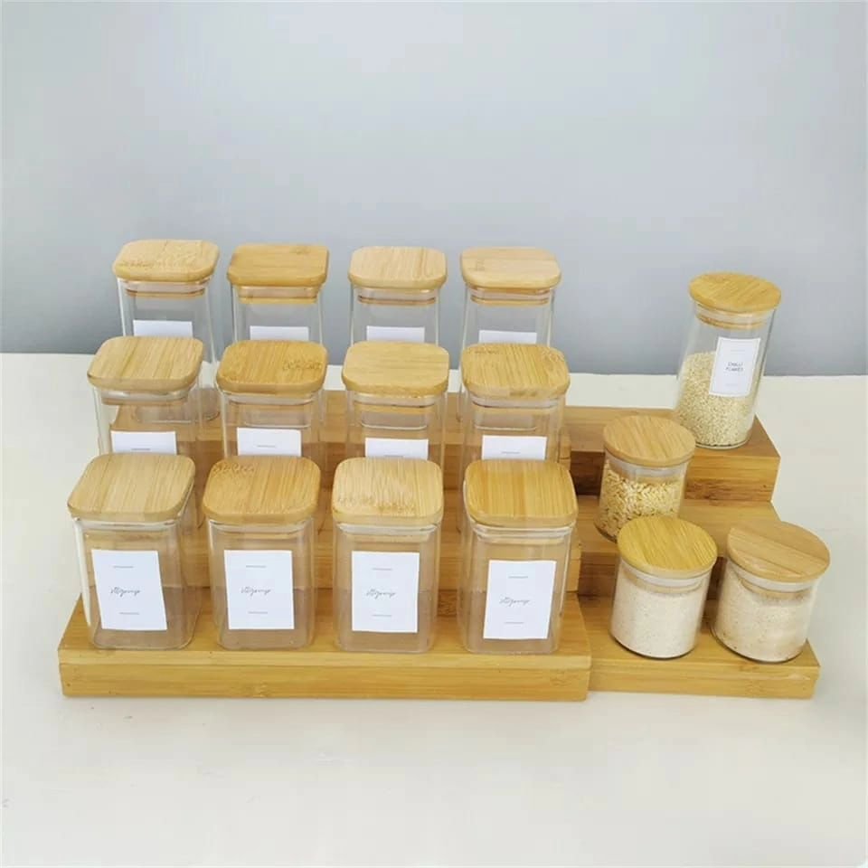 12pcs Square Glass Spice Jar set with a Wooden Bamboo Stand | - Elegant Households KE