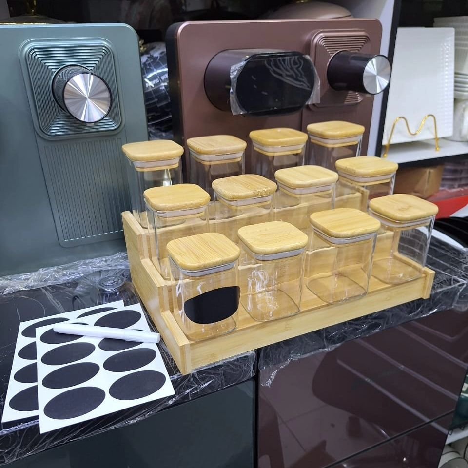 12pcs Square Glass Spice Jar set with a Wooden Bamboo Stand | - Elegant Households KE