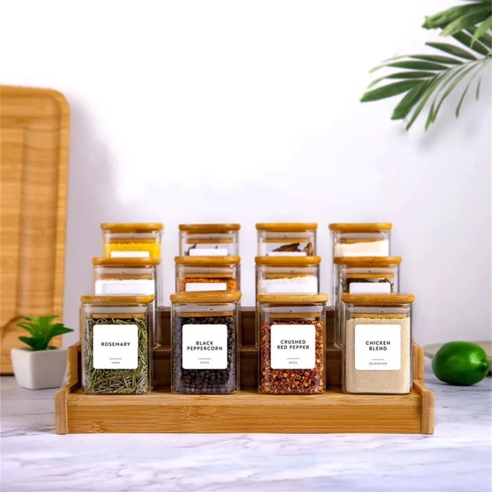 12pcs Square Glass Spice Jar set with a Wooden Bamboo Stand | - Elegant Households KE