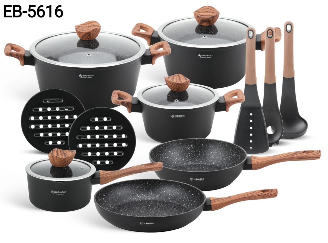 15pcs Edenberg Cookware Set/Pots with Wooden handles | - Elegant Households KE