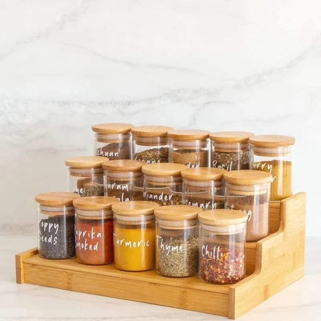 15pcs Glass Spice Jar set with a Wooden Bamboo Stand | - Elegant Households KE