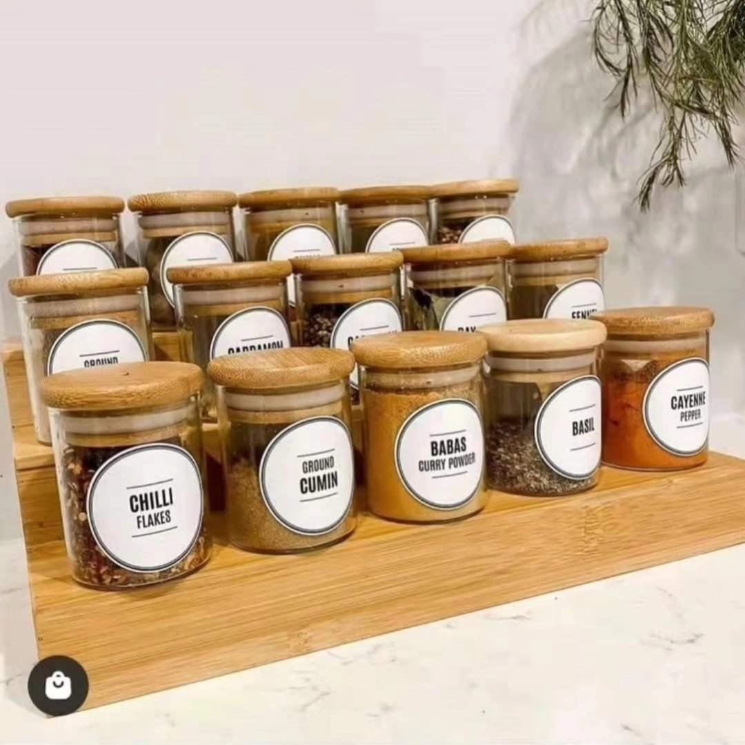 15pcs Glass Spice Jar set with a Wooden Bamboo Stand | - Elegant Households KE