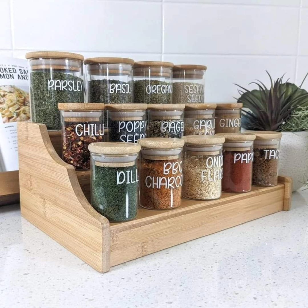 15pcs Glass Spice Jar set with a Wooden Bamboo Stand | - Elegant Households KE