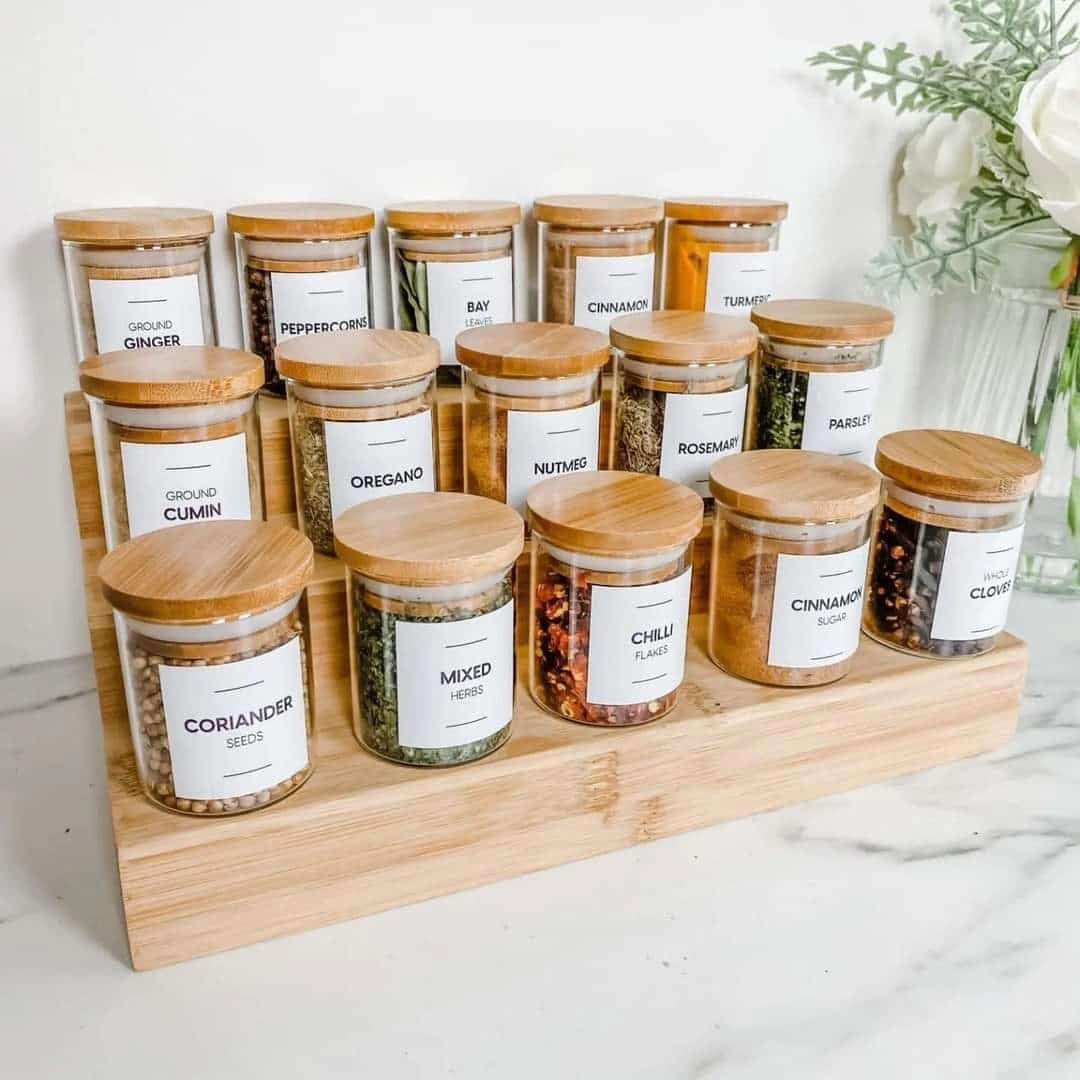 15pcs Glass Spice Jar set with a Wooden Bamboo Stand | - Elegant Households KE