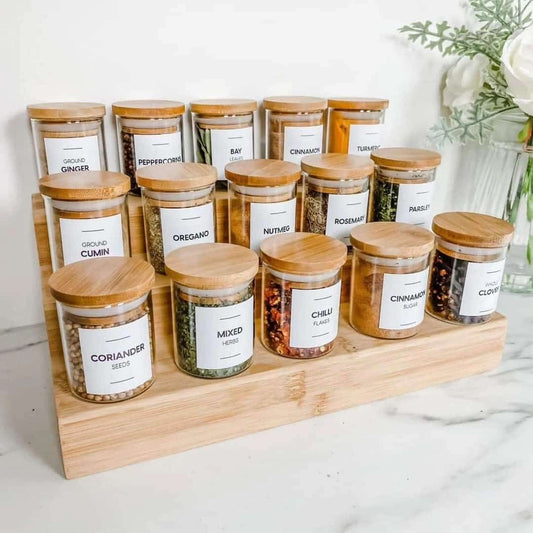 15pcs Glass Spice Jar set with a Wooden Bamboo Stand | - Elegant Households KE