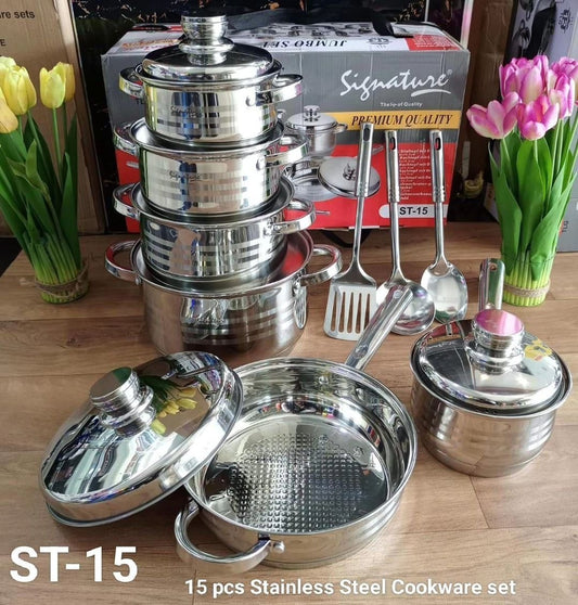 Stainless Steel Cookware Set - 15pcs Heavy-Duty Cooking Pots with Induction Bottom