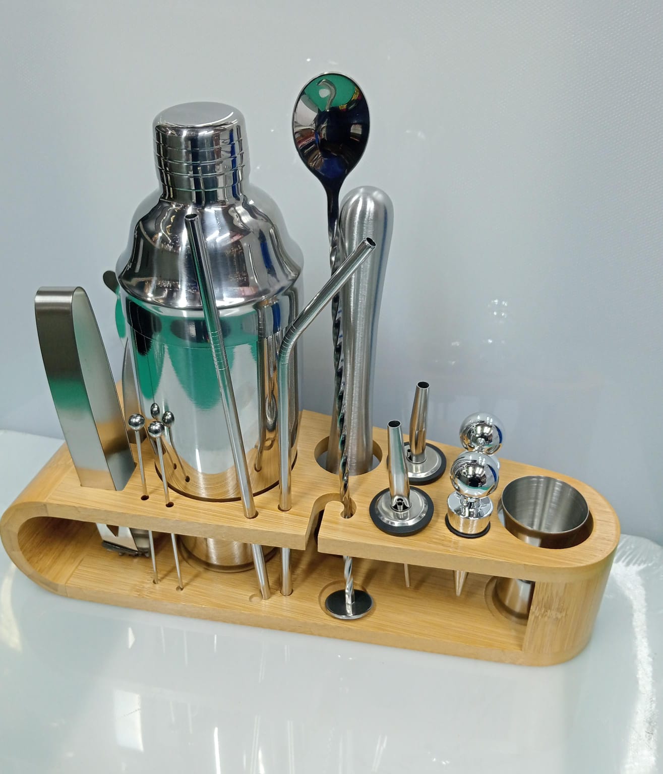16 - Piece 750ml Stainless Steel Cocktail Shaker Set with Bamboo Stand | - Elegant Households KE