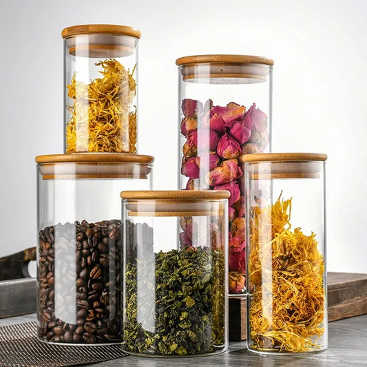 Round Bamboo Lid Glass Jars Set