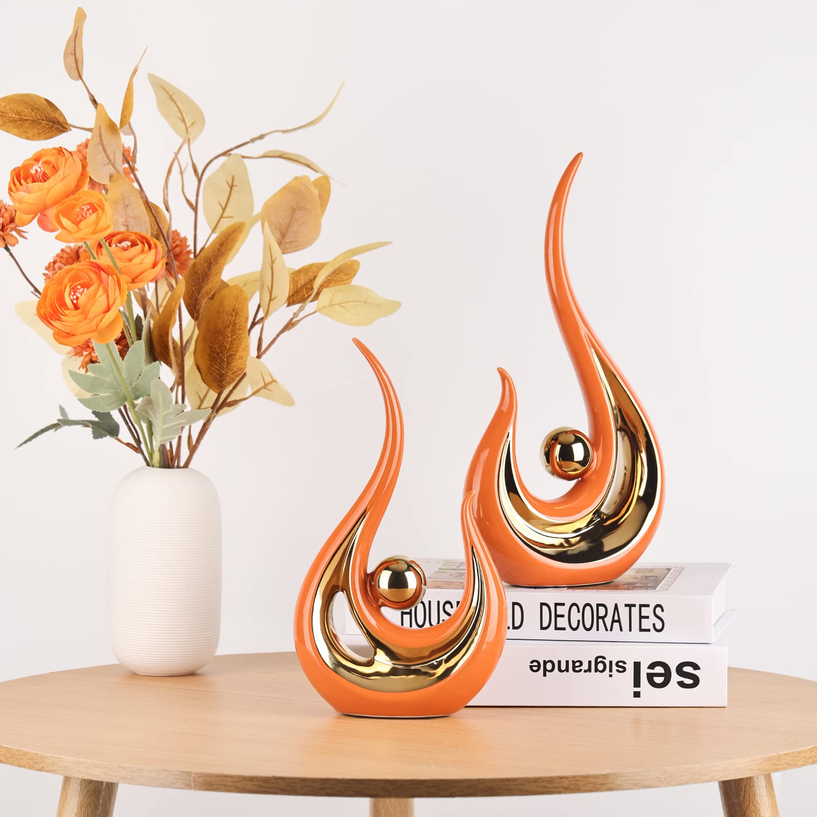 2 - Piece Orange Gold Ceramic Statues | Modern Home Decor | - Elegant Households KE