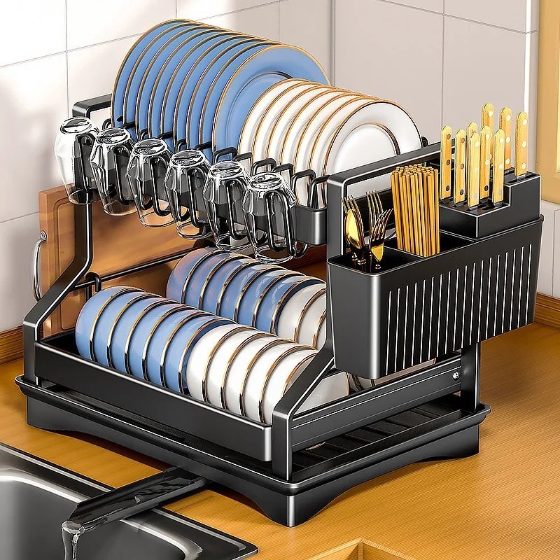 Dish Drying Rack - 2-Tier Stainless Steel Kitchen Rack with Drip Tray