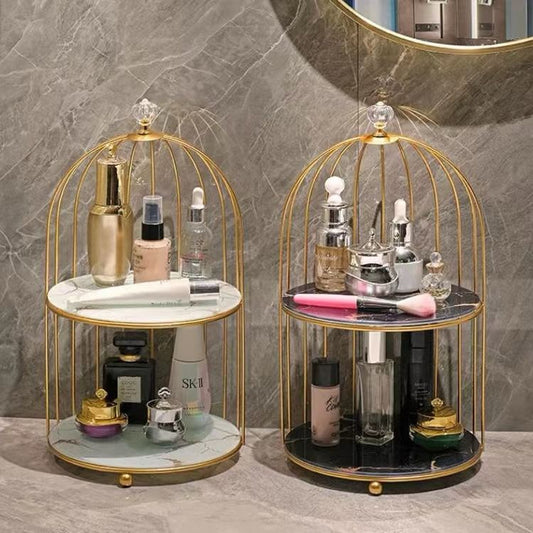 2 tier luxury marble textured with gold metal makeup storage/organiser | - Elegant Households KE