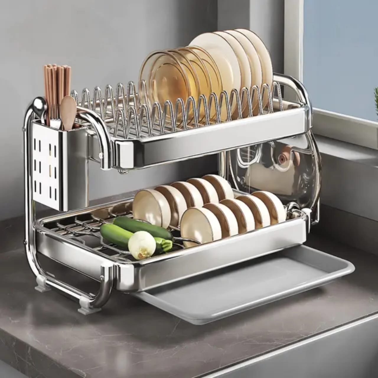 201ss Material 2 - Tier Kitchen Chrome plated Dish Rack with drain tray | - Elegant Households KE