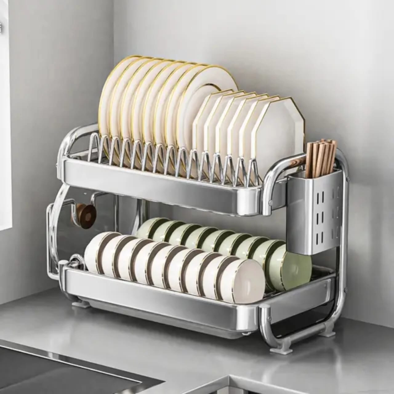 201ss Material 2 - Tier Kitchen Chrome plated Dish Rack with drain tray | - Elegant Households KE