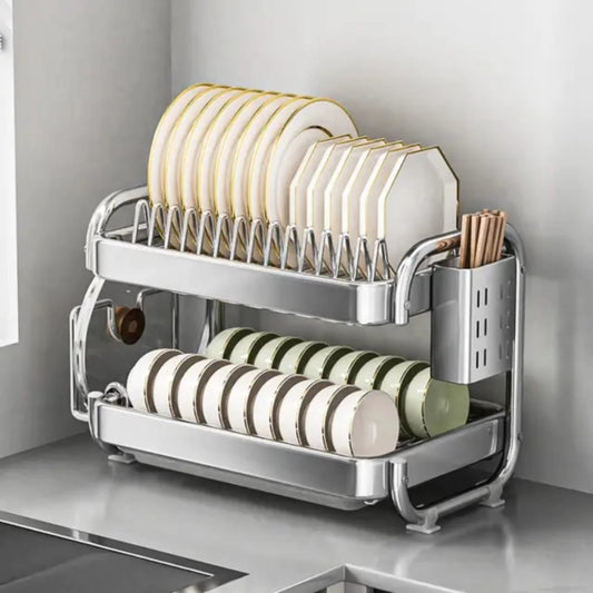 201ss Material 2 - Tier Kitchen Chrome plated Dish Rack with drain tray | - Elegant Households KE