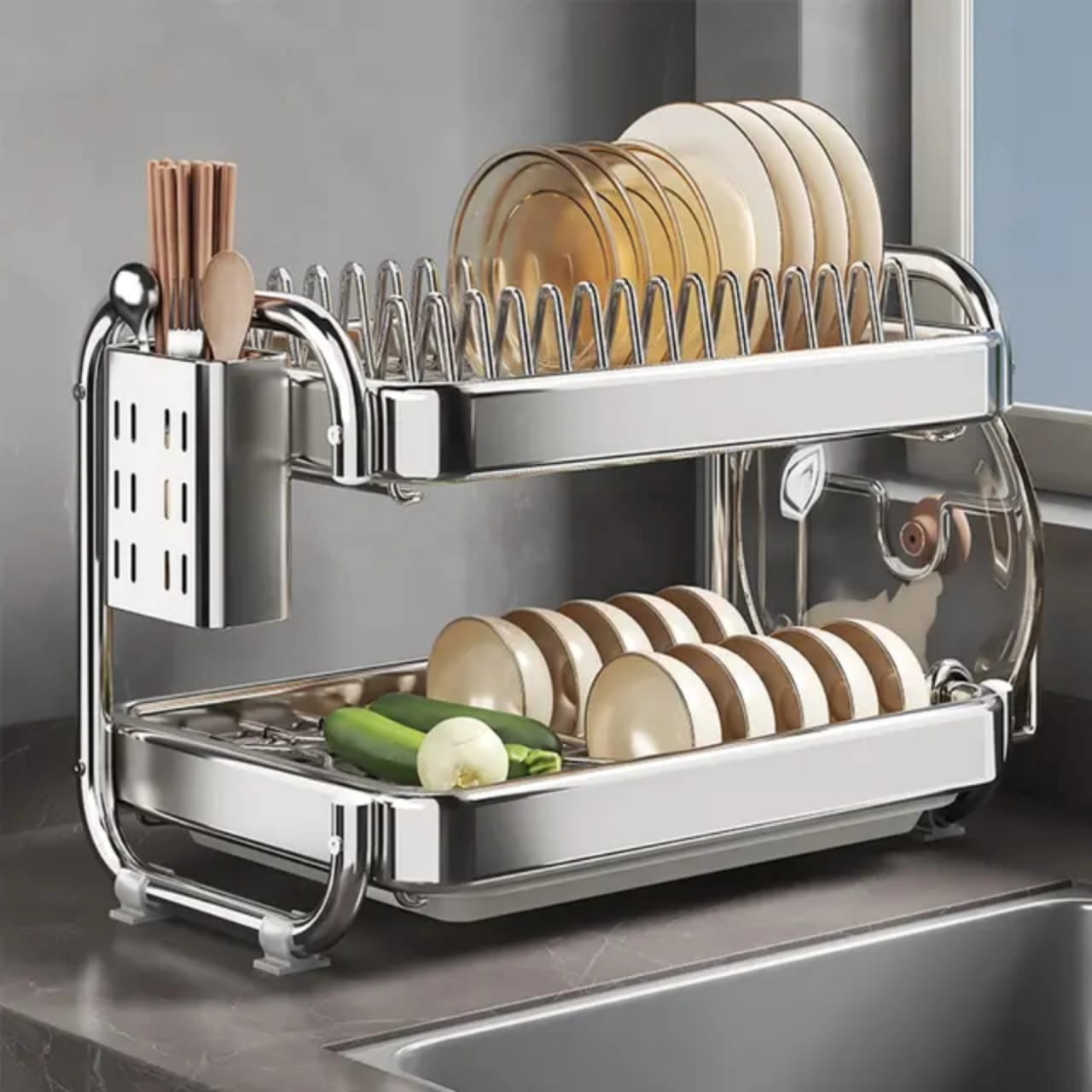 201ss Material 2 - Tier Kitchen Chrome plated Dish Rack with drain tray | - Elegant Households KE