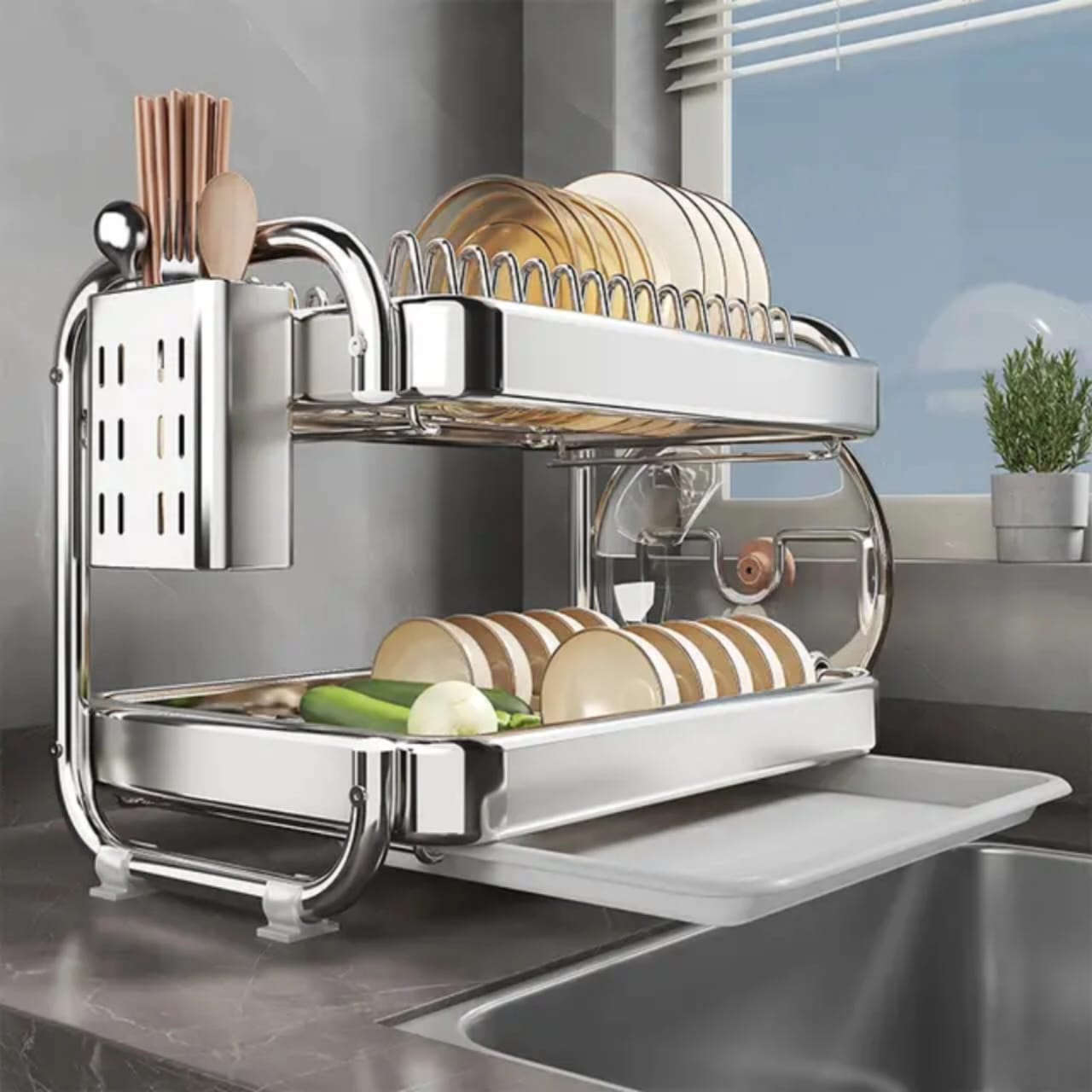 201ss Material 2 - Tier Kitchen Chrome plated Dish Rack with drain tray | - Elegant Households KE