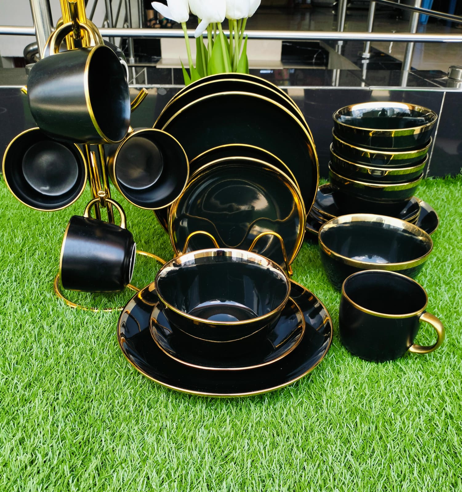 24pcs black dinner set with gold rim | - Elegant Households KE