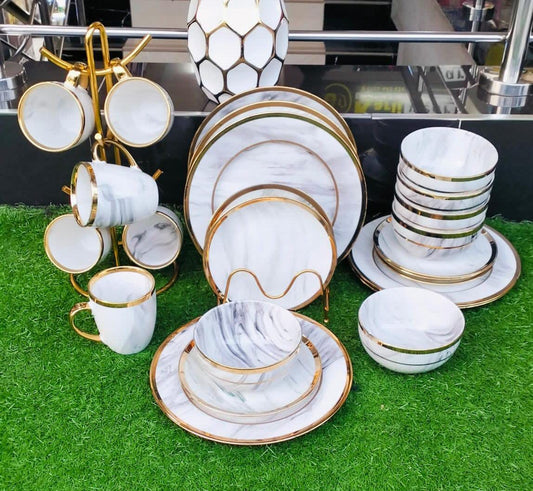 24pcs Dinner Set with Gold Rim – Luxury Ceramic Dinnerware for 6 | - Elegant Households KE
